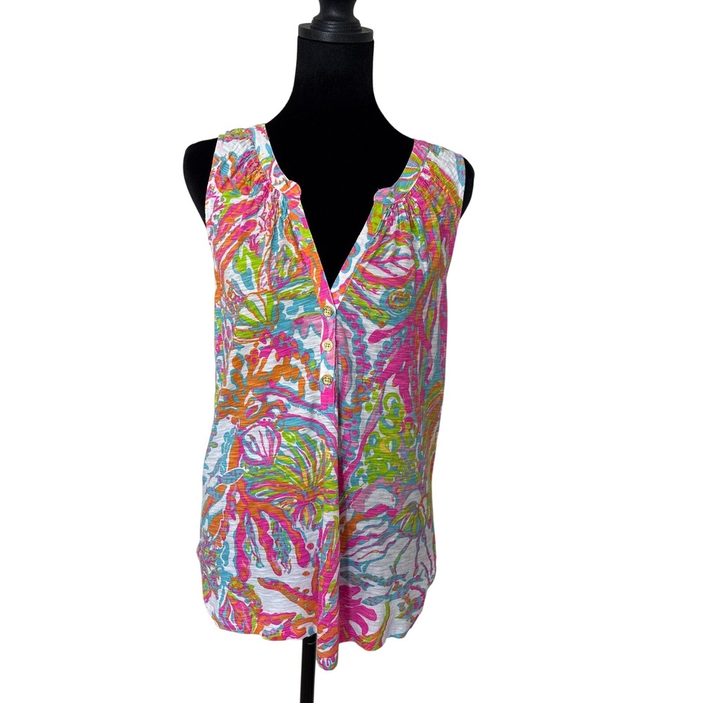 Lilly Pulitzer Essie Pink Coral Reef Print Sleeveless Cotton Tunic Top Medium